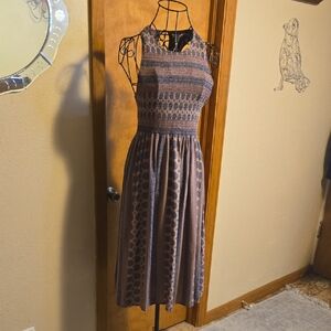 bleuh ciel Striped Geo-Print Midi Dress in Blue and Brown